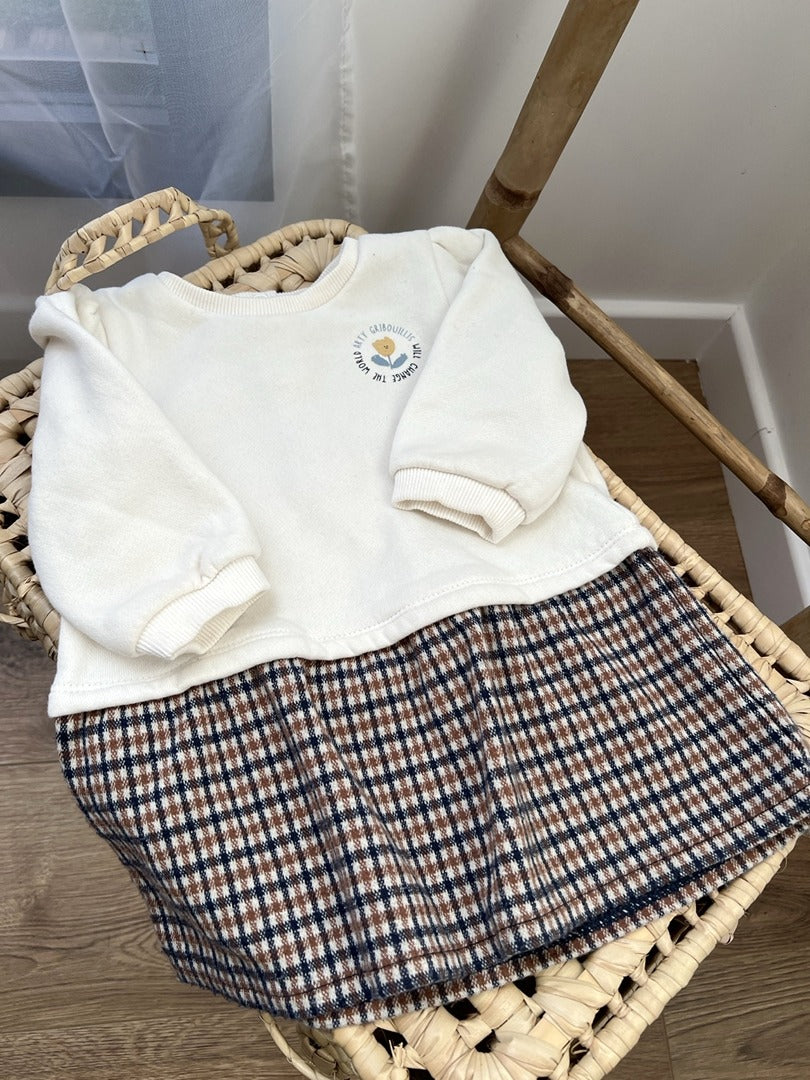 Robe molletonné fille Tape à l'oeil blanc et marron hiver manches longues 12 mois
