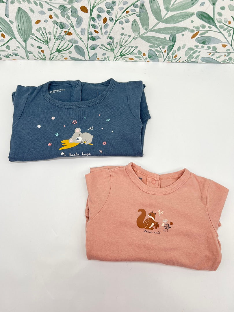 Lot 2 pyjamas 1 pièce jersey Vertbaudet 3 mois bleu rose manches longues fille