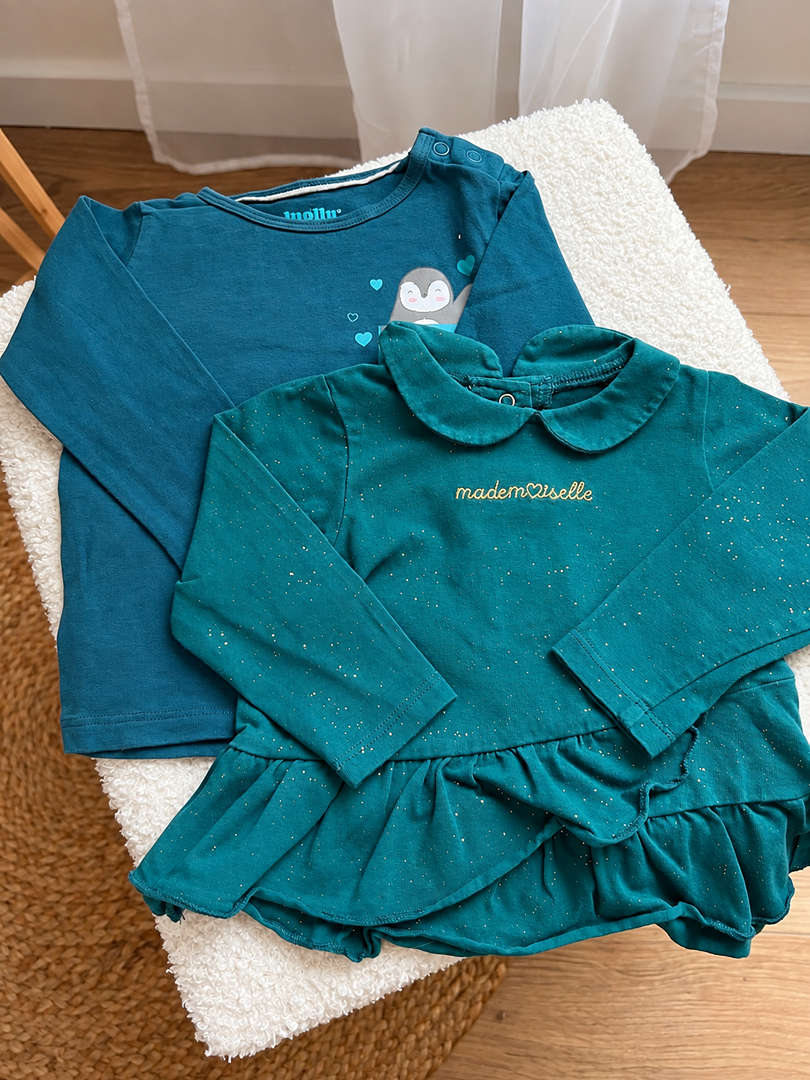 Lot 2 T-shirts Manches Longues Fille 6 Mois mi-saison bleu turquoise