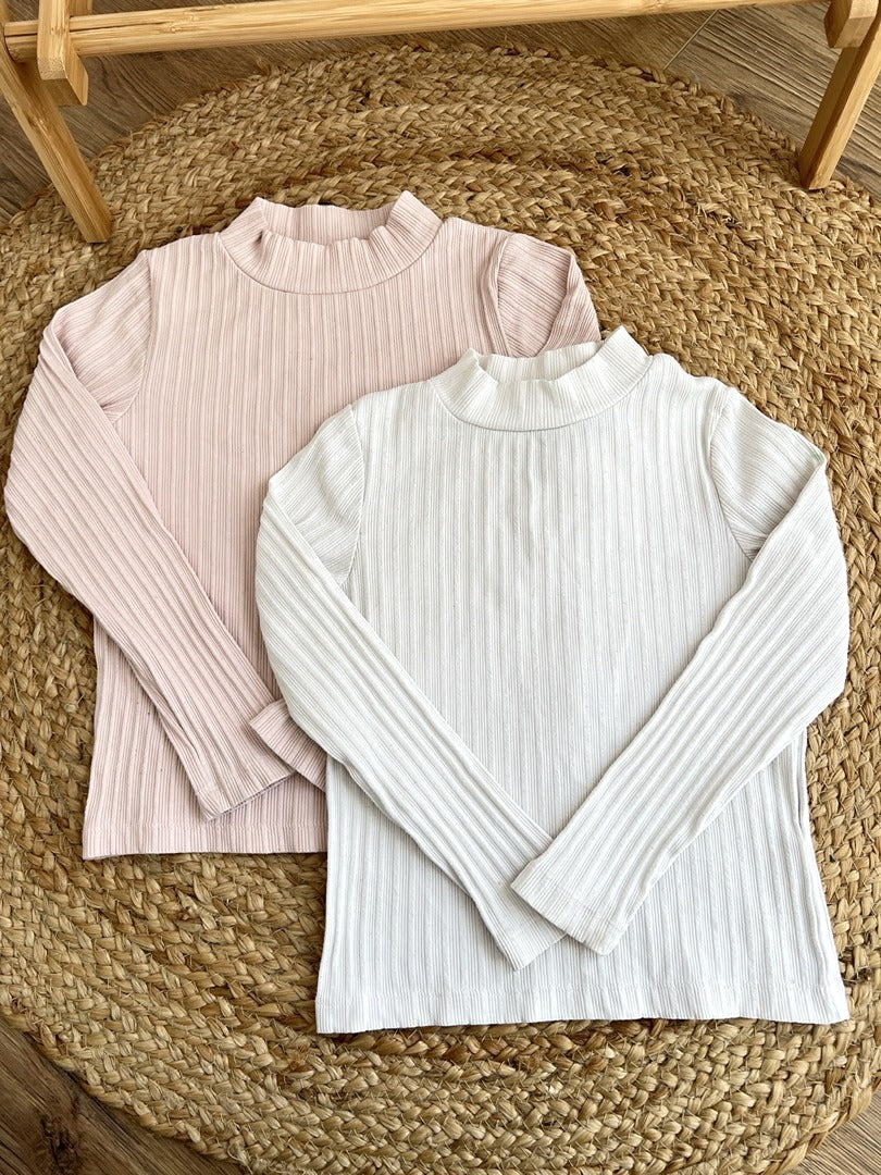 T-shirt côtelé col montant Monoprix blanc rose fille taille 8 ans mi-saison manches longues