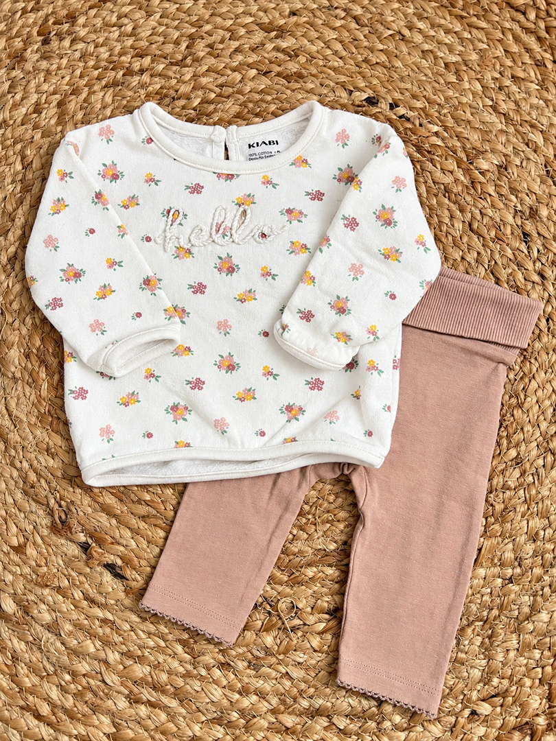 Ensemble sweat fleuri manches longues et legging rose Kiabi fille mi-saison 3 mois