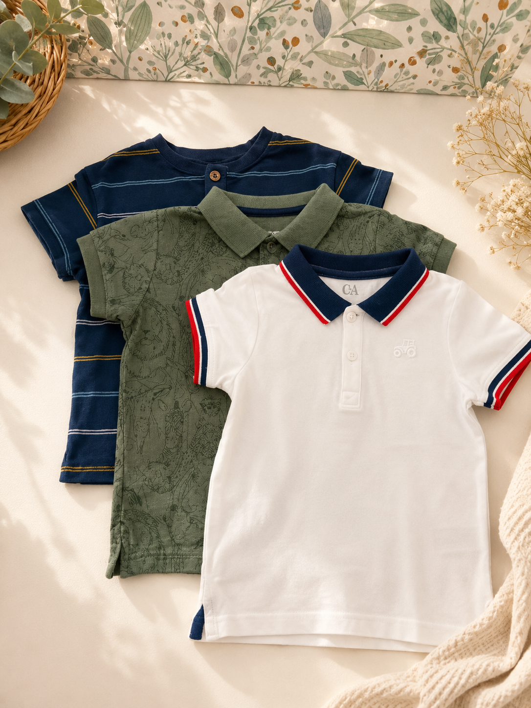 Lot 3 t-shirts polos manches courtes été garçon vertbaudet C&a - 4 ans - Bleu vert blanc