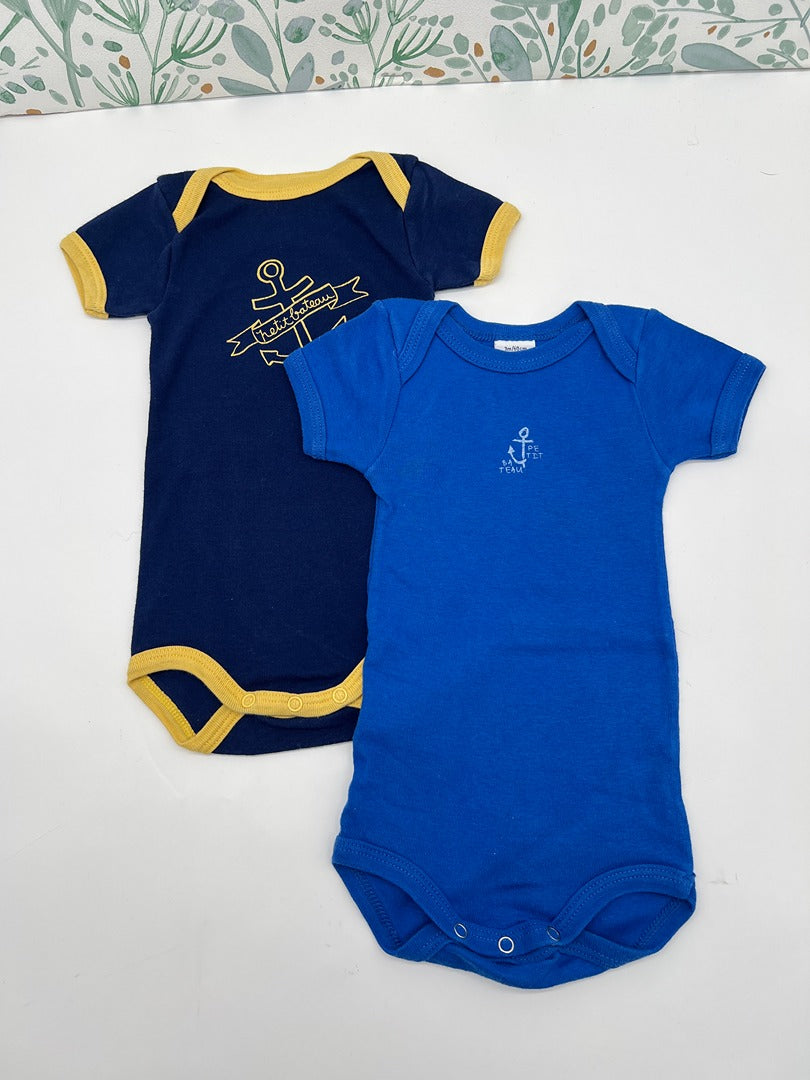 Lot 2 bodies manches courtes été gaçon col Us Petit Bateau - 3 mois - Bleu