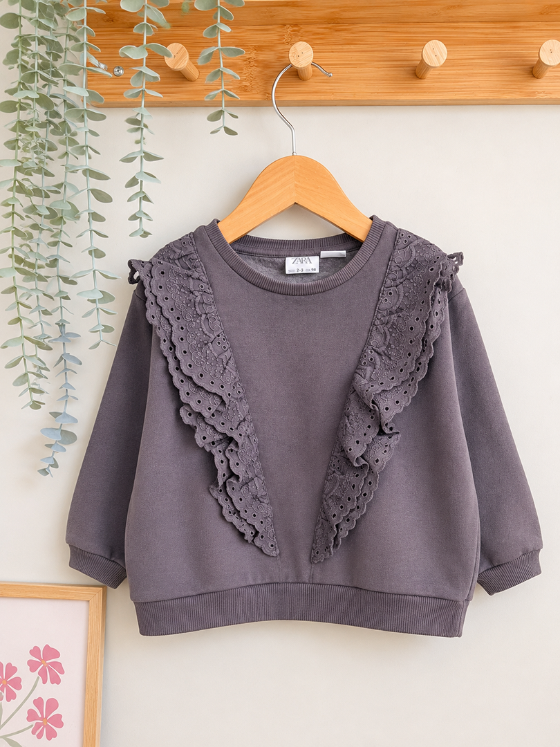 Sweat pull Zara fille 3 ans gris à volants manches longues mi-saison