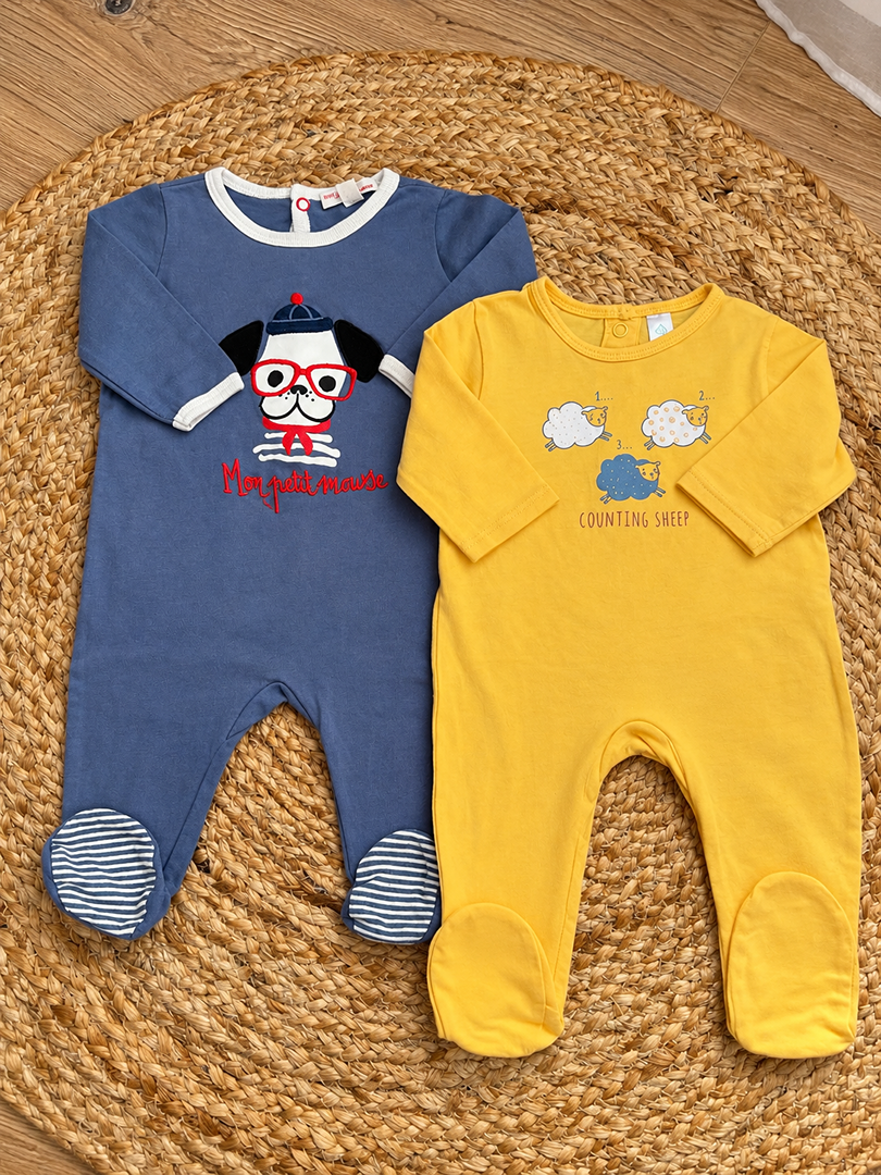 Lot 2 pyjama 1 pièce jersey garçon bleu manches longues Dpam Tex 3 mois