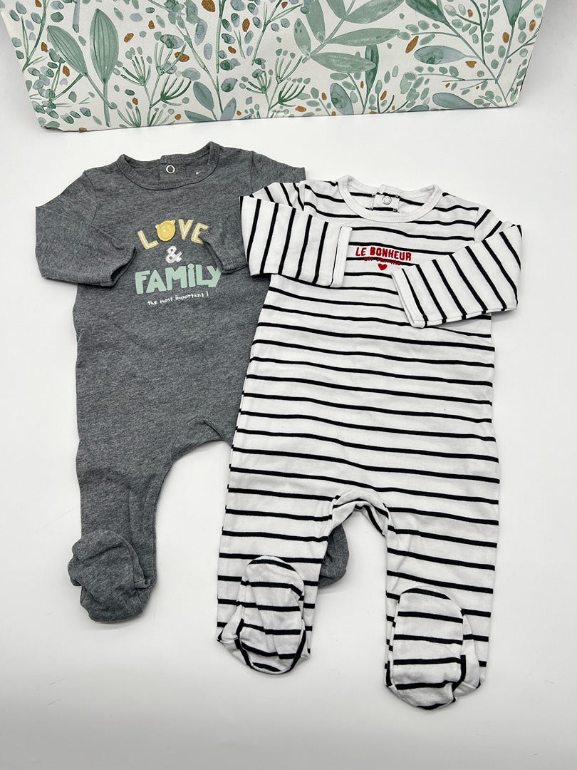 2 pyjamas 1 pièce jersey Mixte Kiabi - 3 mois - Gris Marinière - Garçon Fille idéal printemps