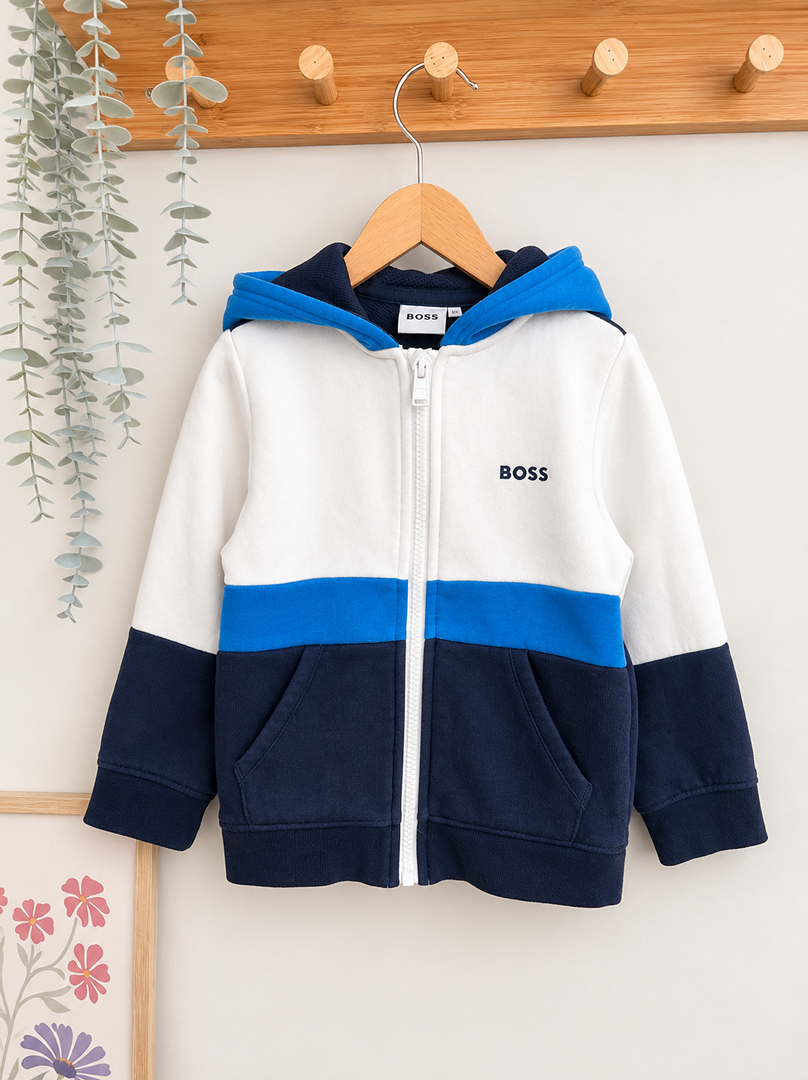 Gilet zippé à capuche Boss garçon 3 ans mi-saison blanc bleu