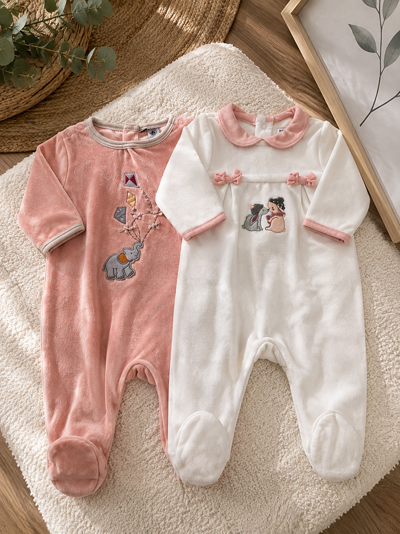 Lot 2 Pyjamas 1 pièces velours Fille 6 Mois Sergent Major Hiver corail blanc