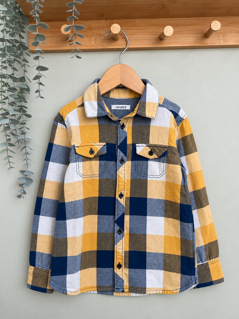 Chemise garçon Okaïdi jaune et bleue à carreaux manches longues 5 ans