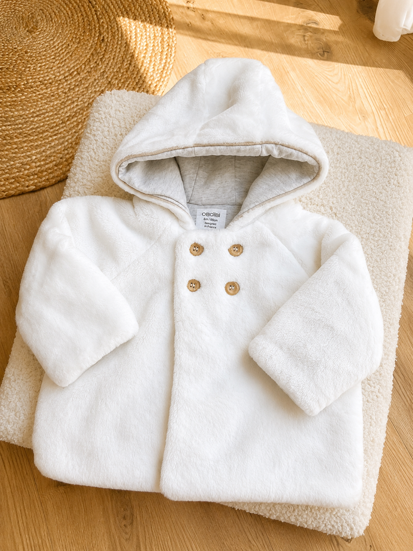 Manteau caban fille Obaïbi 6 mois blanc fausse fourrure hiver