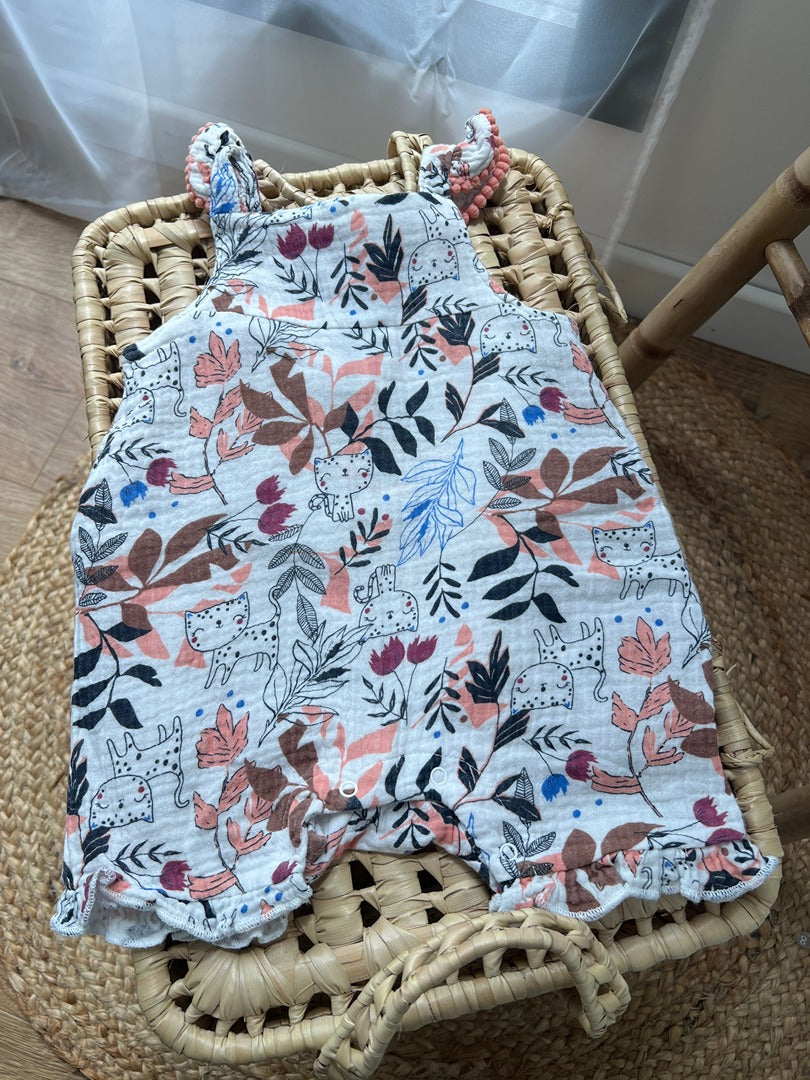 Barboteuse fille Petit Béguin 6 mois coton motifs chats été gaz de coton