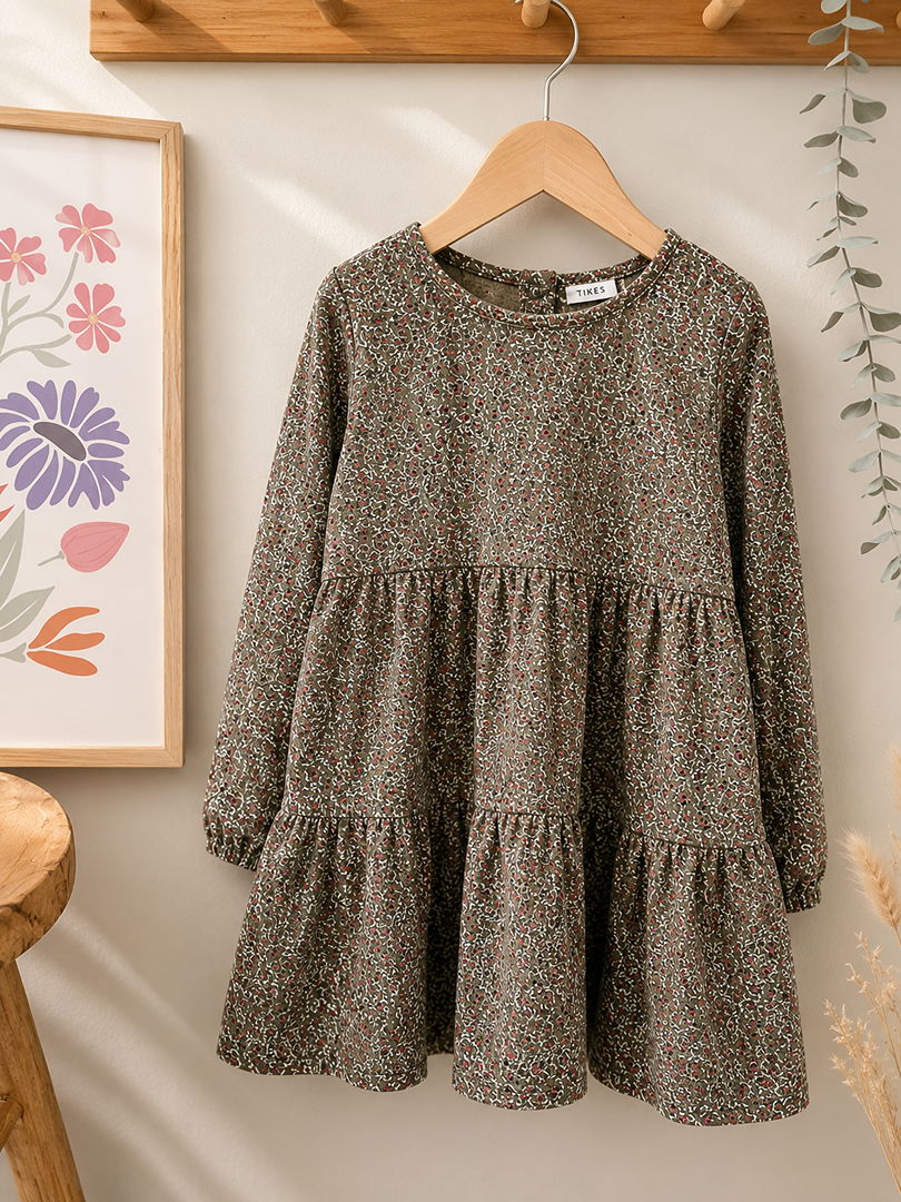Robe fleurie Fille Ikks Manches Longues 3 Ans Kaki Mi-saison