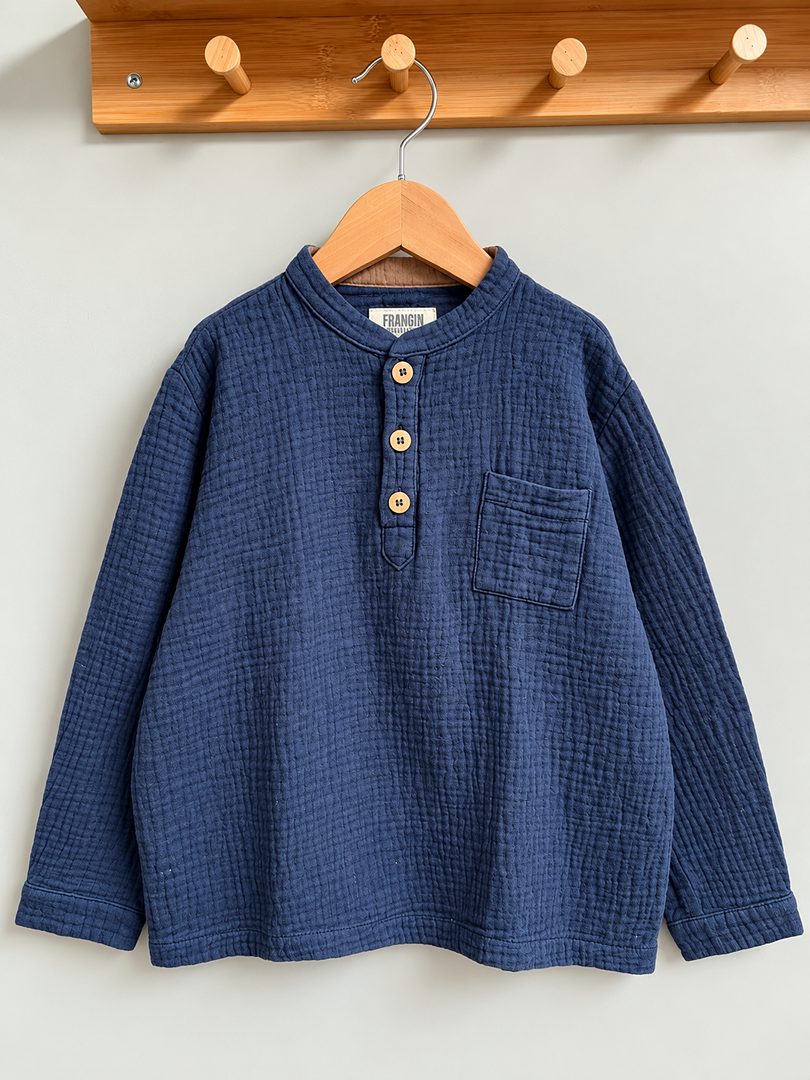 Chemise col mao tunisien garçon Frangine Frangine 8 ans bleu mi-saison manches longues gaz de coton