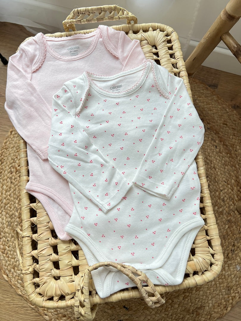 Lot 2 bodies fille Obaïbi 3 mois rose manches longues col Us