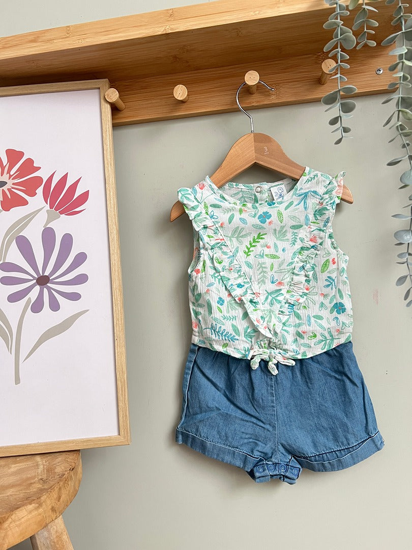 Combishort fille C&a 9 mois blanc bleu floral été sans manche