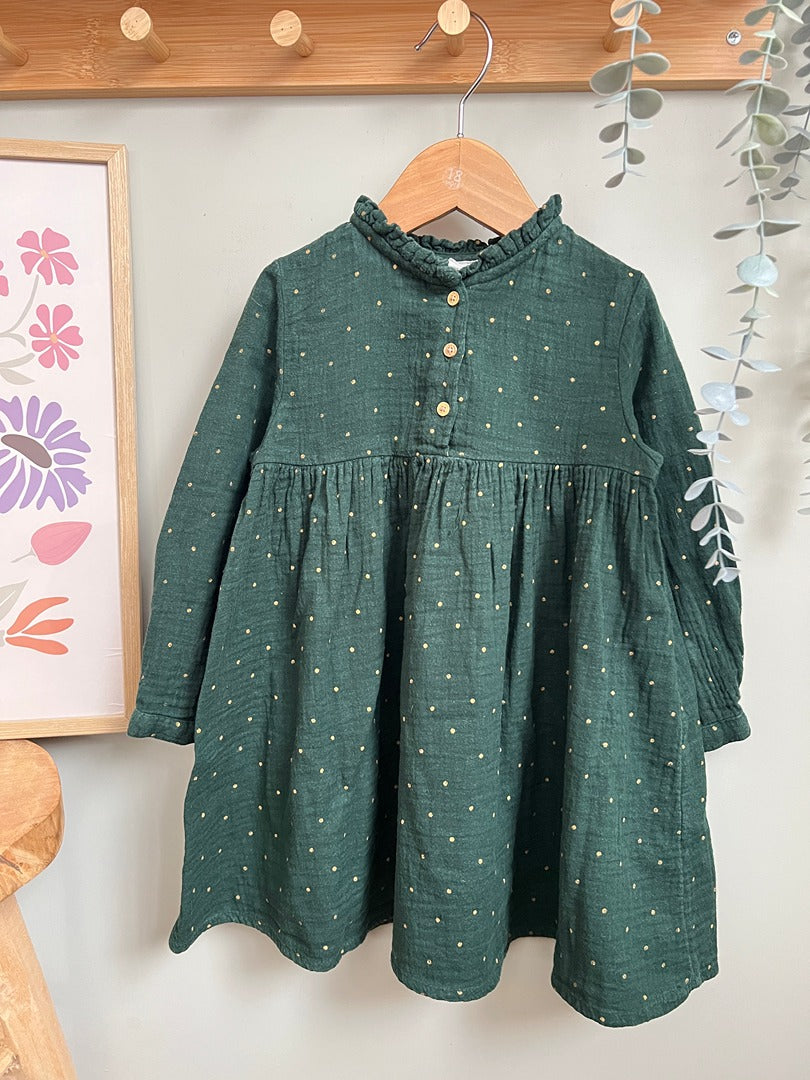Robe gaz de coton fille manches longues Vertbaudet - 3 ans - Vert et pois dorés
