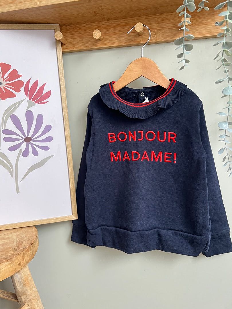Sweat pull fille Jacadi marine 6 ans Bonjour Madame col volanté hiver manches longues