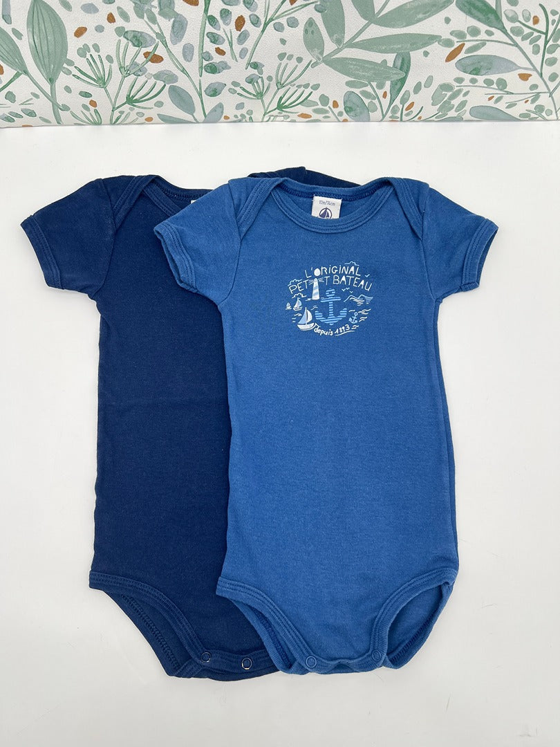 Lot de 2 bodies manches courtes été garçon col Us Petit Bateau - 12 mois - Bleu