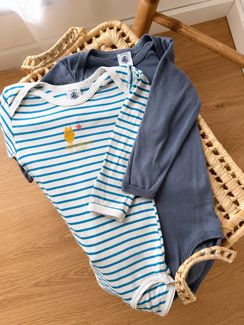 Lot 2 bodies col Us bleu Petit Bateau 3 ans manches longues garçon