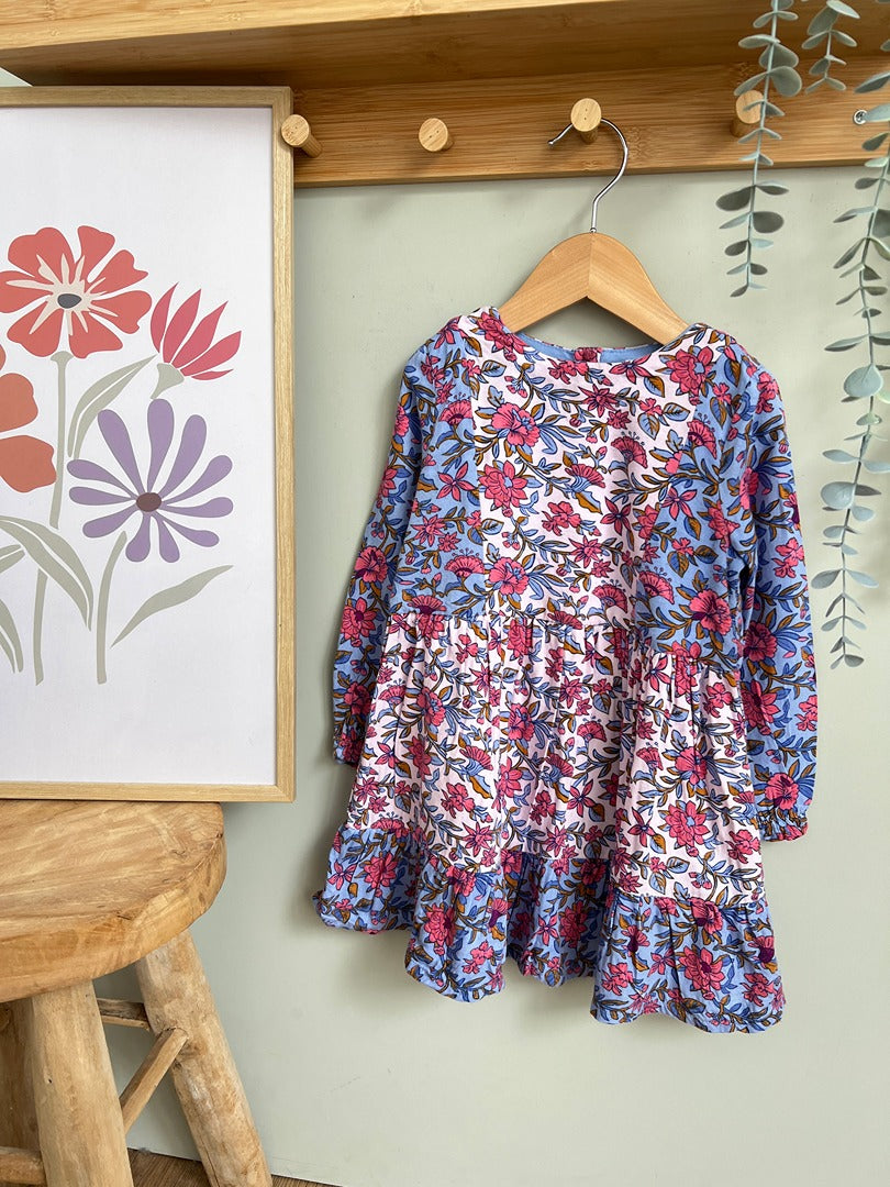 Robe Dpam fille 3 ans fleurs bleue manches longues mi-saison