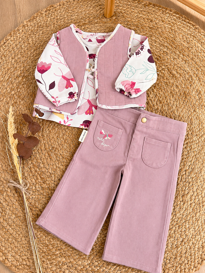 Ensemble fille Petit Béguin 6 mois rose mi-saison pantalon blouse gilet reversible
