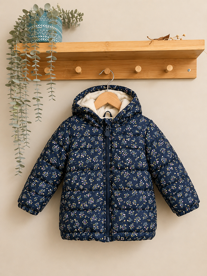 Manteau chaud fille Kiabi 2 ans bleu marine à fleurs hiver manches longues