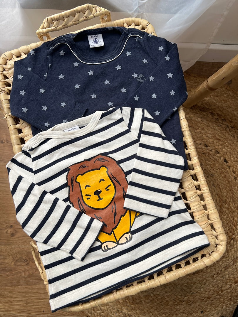 Lot 2 t-shirts Petit Bateau 6 mois garçon manches longues