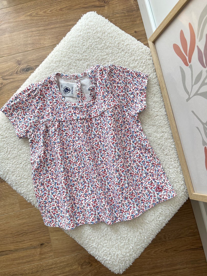 T-shirt manches courtes Petit Bateau 12 mois fleurs rouge bleu fille été