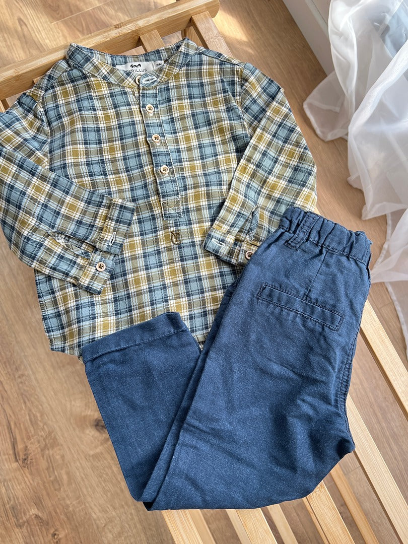 Ensemble garçon Cyrillus Gémo 2 ans bleu vert carreaux mi-saison chemise pantalon chino