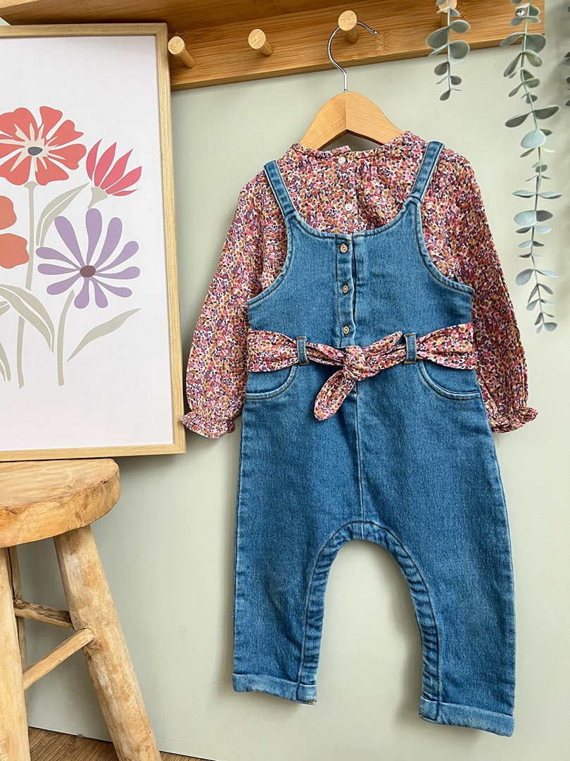 Ensemble fille Kiabi 18 mois blouse gaz de coton salopette jean blouse fleurs