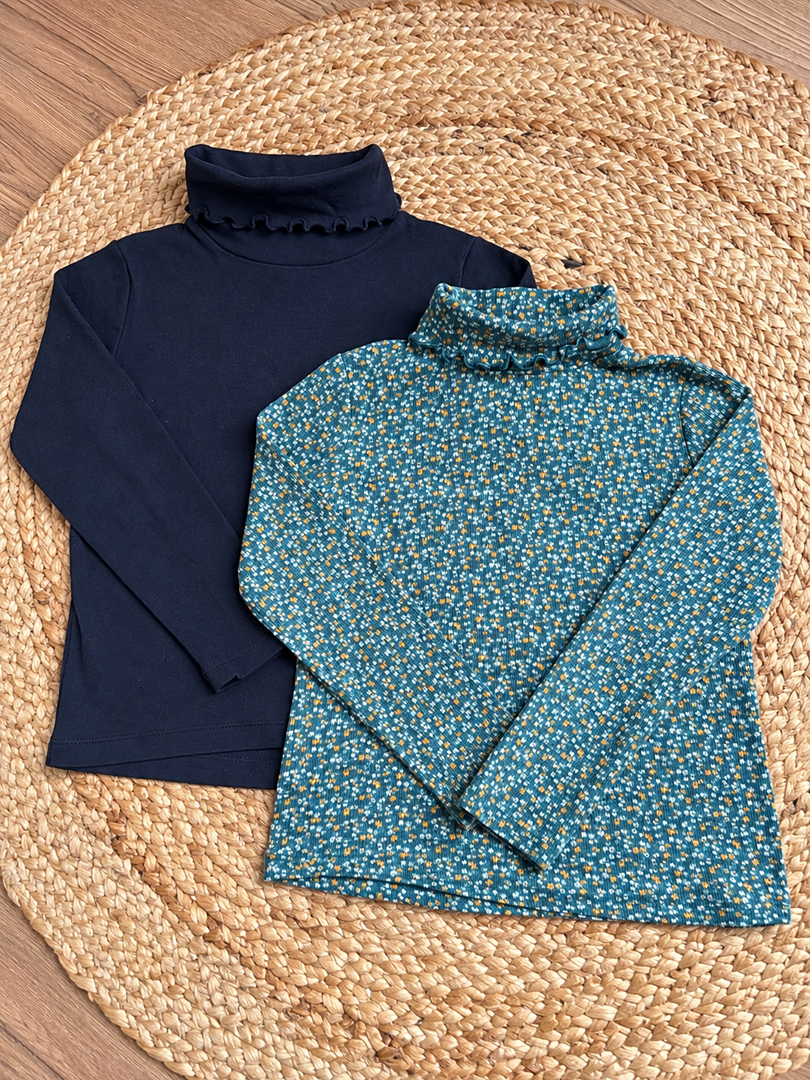 Lot de 2 t-shirts col roulé sous pull fille bleu marine et vert fleuri hiver manches longues 5 ans