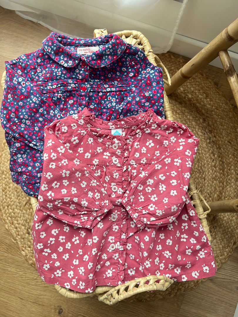 Lot 2 chemises fleurs fille Dpam Tex 6 mois manches longues