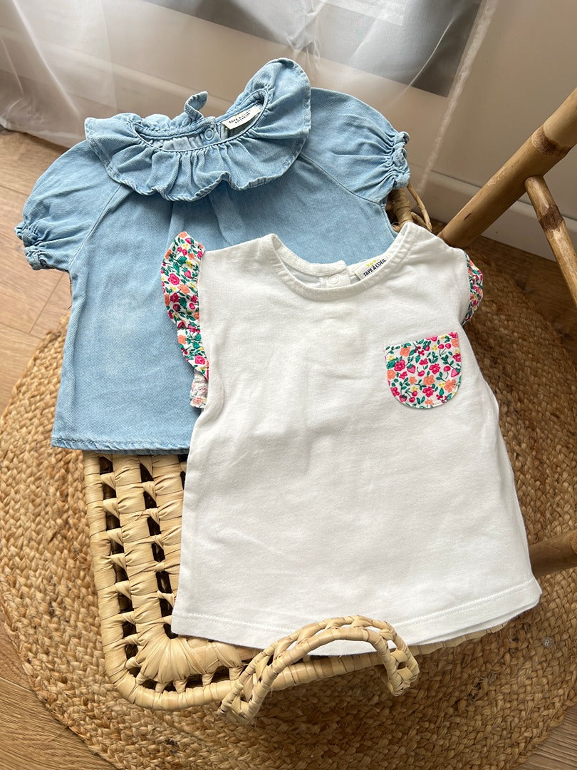 Lot 2 tops blouse Tape à l'œil fille bleu blanc 6 mois été manches courtes