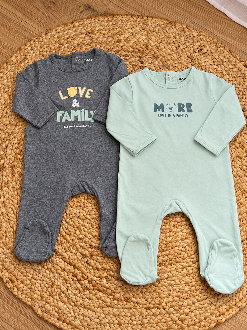Lot 2 pyjamas 1 pièce jersey coton bébé garçon Kiabi gris mi-saison manches longues 3 mois
