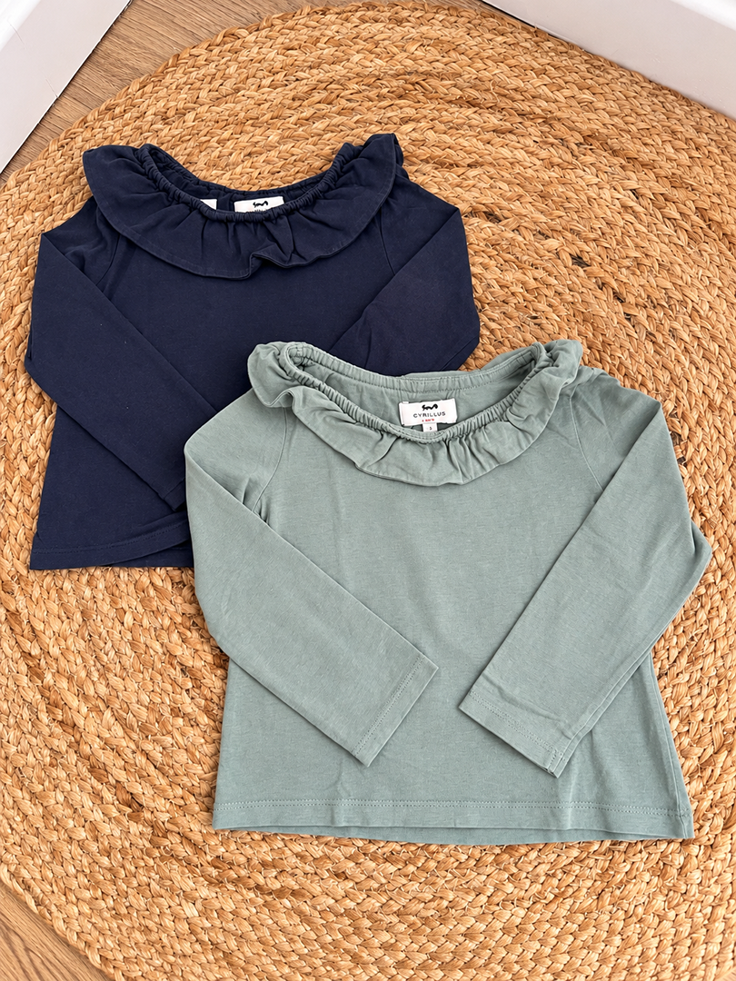 Lot 2 t-shirt jolies cols manches longues vert bleu marine Cyrillus fille 3 ans