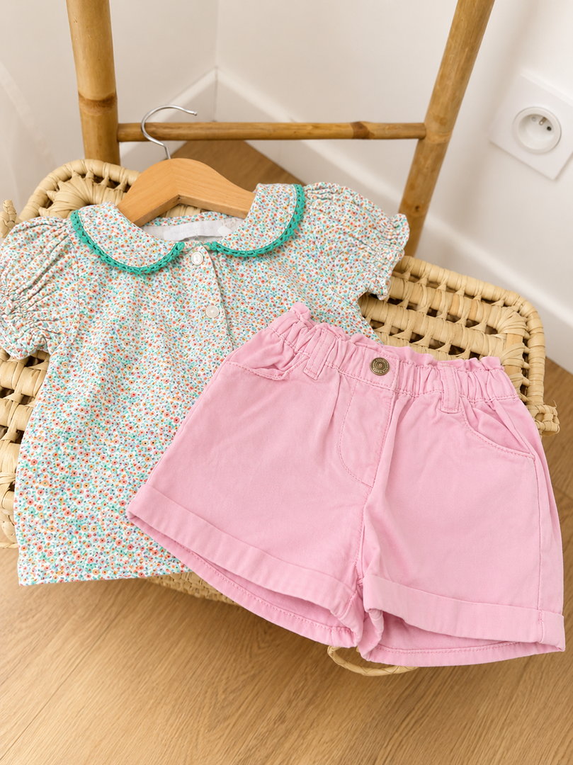 Ensemble short rose et blouse fleuri joli col Cadet Rousselle Tao fille 6 mois été