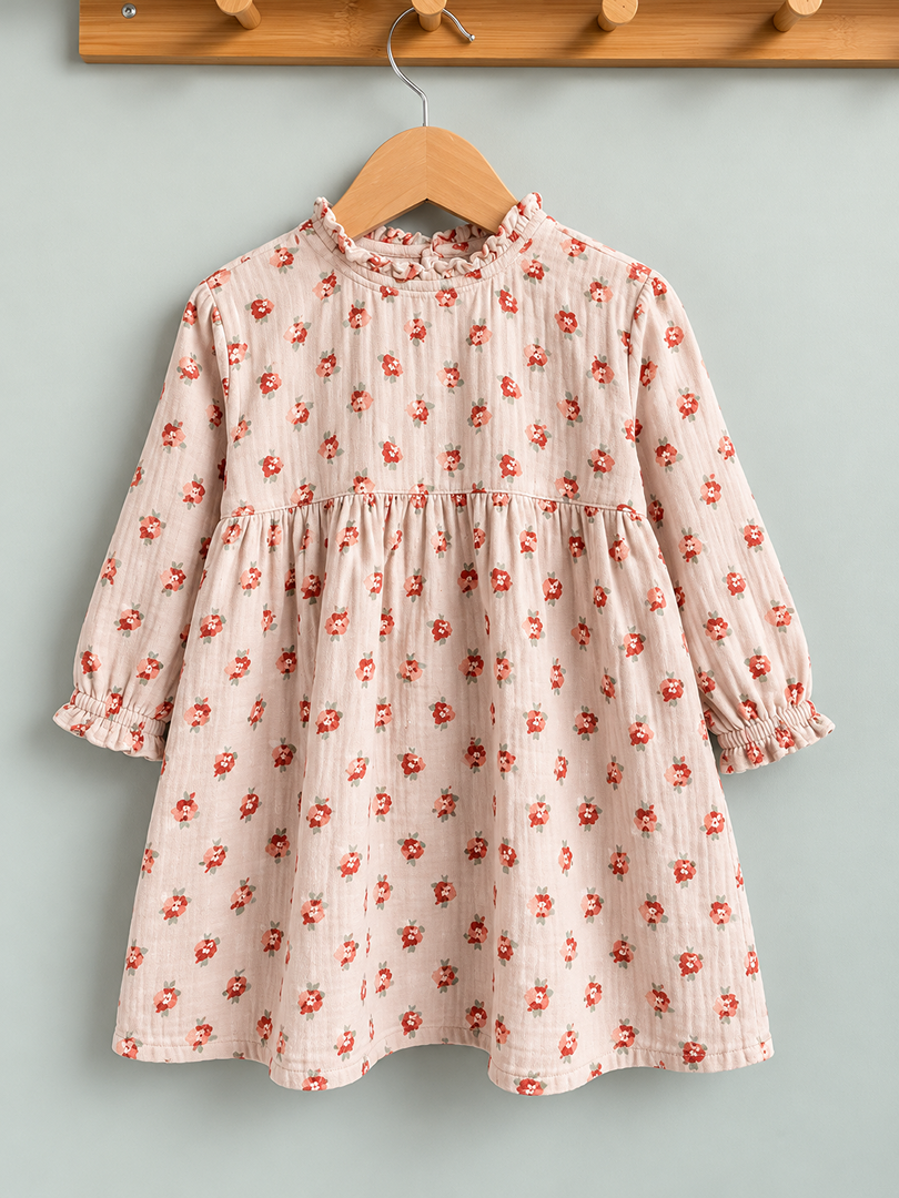 Robe gaz de coton rose fleurie fille Petit Bateau mi-saison manches longues 2 ans