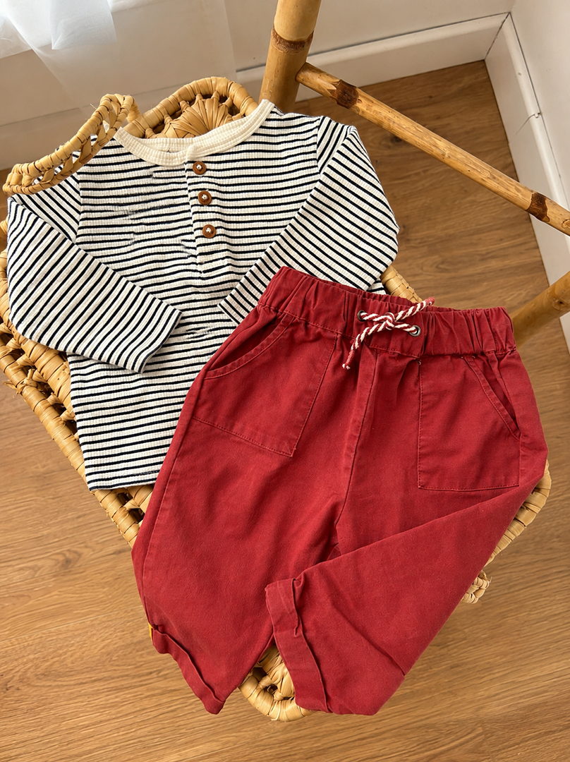 Ensemble garçon 9 mois Vertbaudet Kiabi rouge mi-saison pantalon + t-shirt