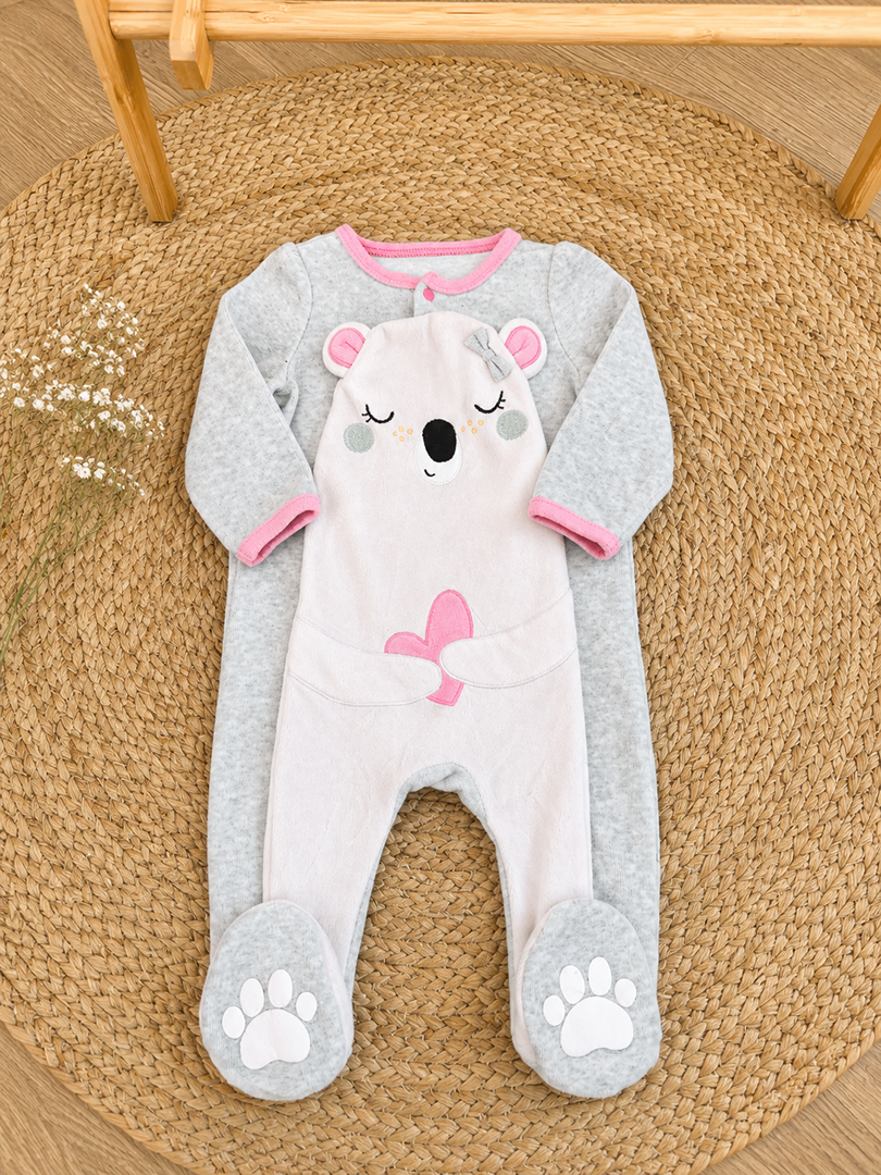 Pyjama 1 pièce en velours gris rose fille Dpam Koala 9 mois hiver manches longues