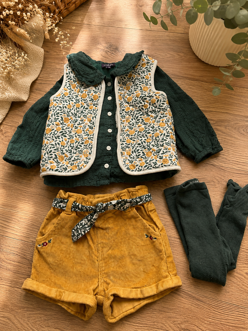 Ensemble fille Sergent Major 2 ans vert blouse short gilet