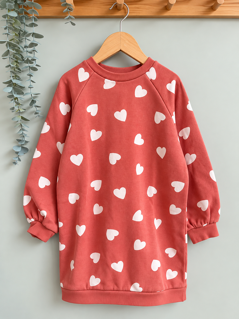 Sweat robe longue fille Vertbaudet rose à coeurs mi-saison manches longues 5 ans