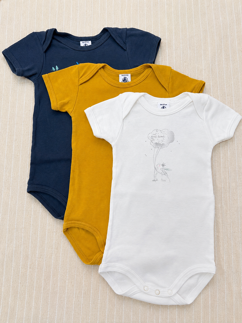 Lot de 3 bodies col Us manches courtes été Petit Bateau 6 mois bleu jaune blanc garçon