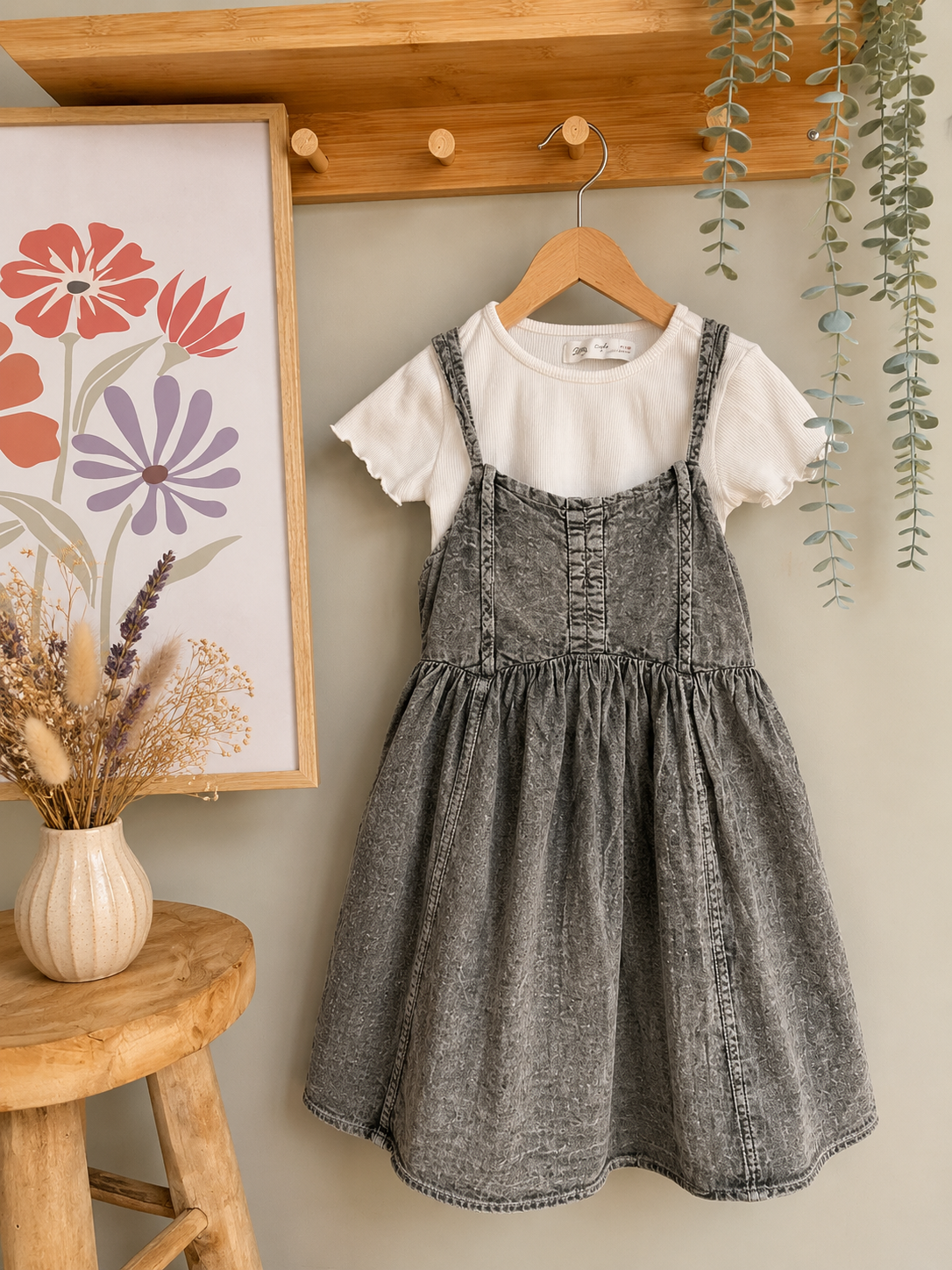 Ensemble Robe Zara Grise & T-shirt Blanc 7 ans Fille Été Manches Courtes