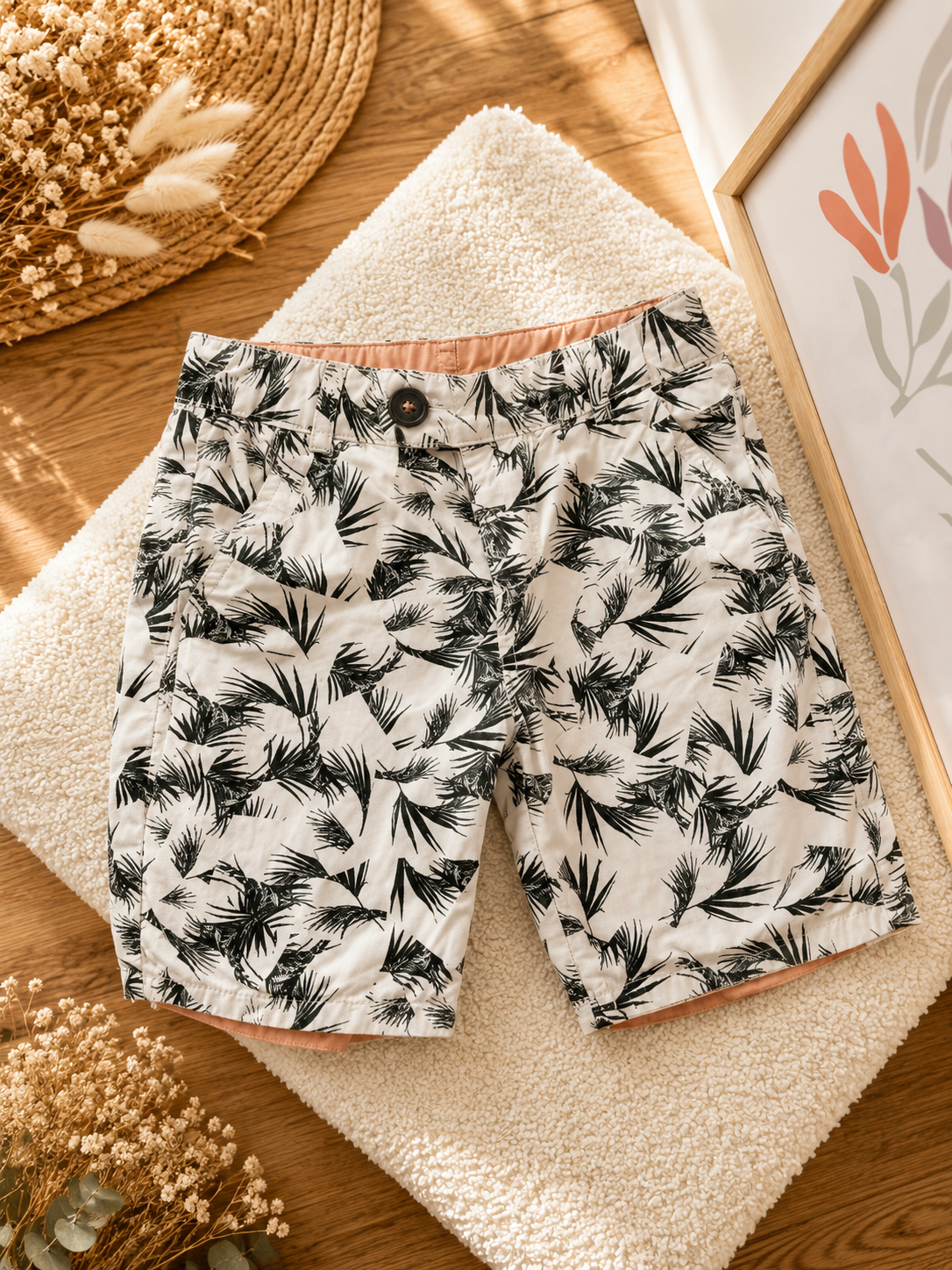 Short réversible garçon Ikks 3 ans rose et imprimé palmier été