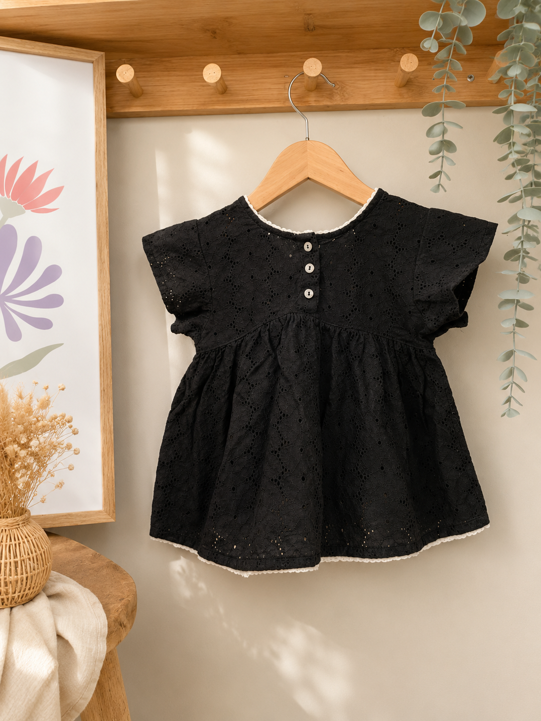 Blouse Zara Baby fille 4 ans noire broderie été courtes