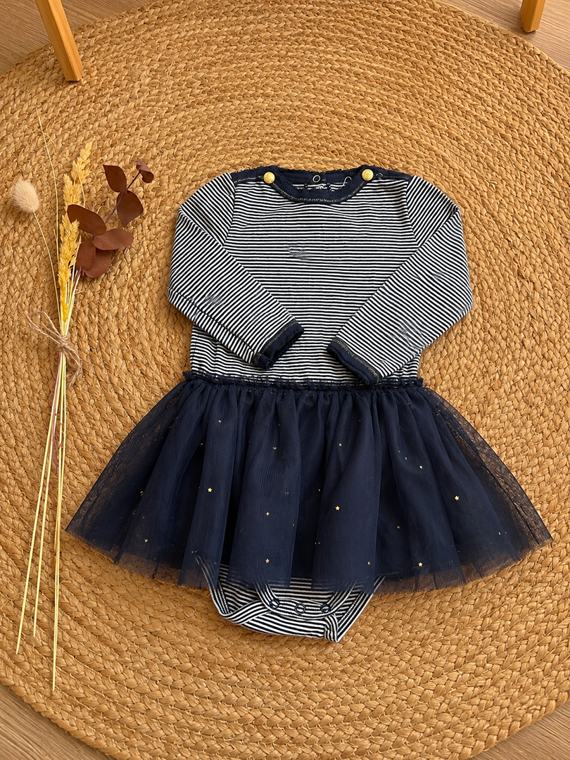 Robe body bébé fille Petit Bateau marinière tulle bleu marine 12 mois