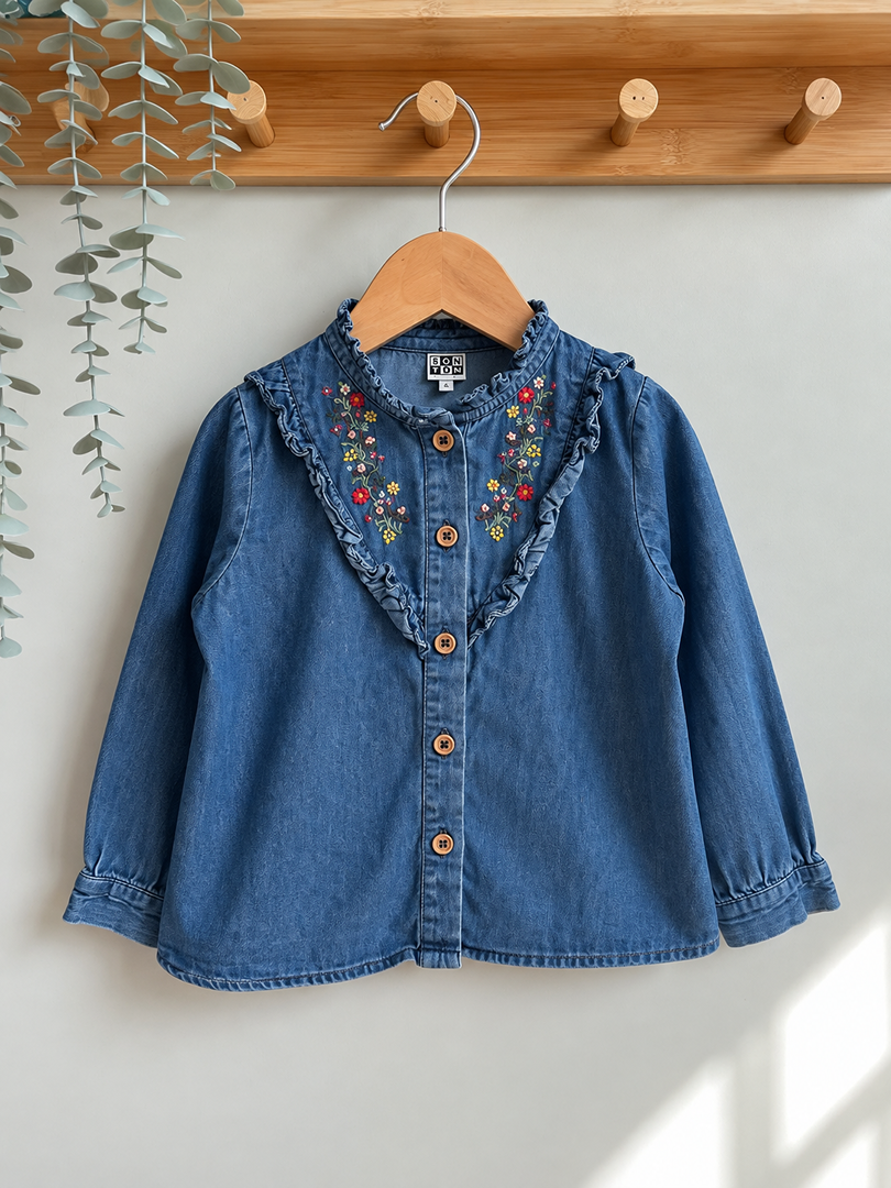 Chemise fille Bonton 4 ans bleu mi-saison manches longues brodée
