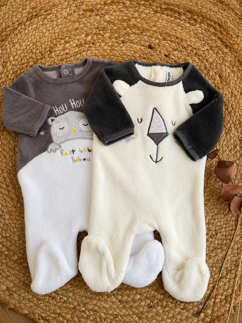Lot 2 pyjamas pilou pilou velours Gémo 1 mois Mixte Hiver manches longues fille ou garçon