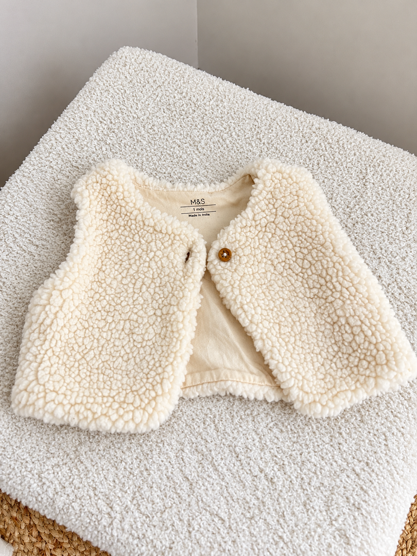 Gilet berger sans manches moumoute mixte beige hiver 1 mois fille ou garçon