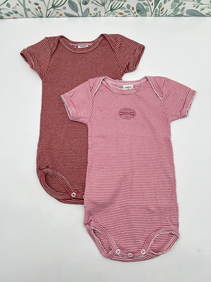 Lot 2 bodies manches courtes été fille col Us Petit Bateau - 6 mois - Rouge rose